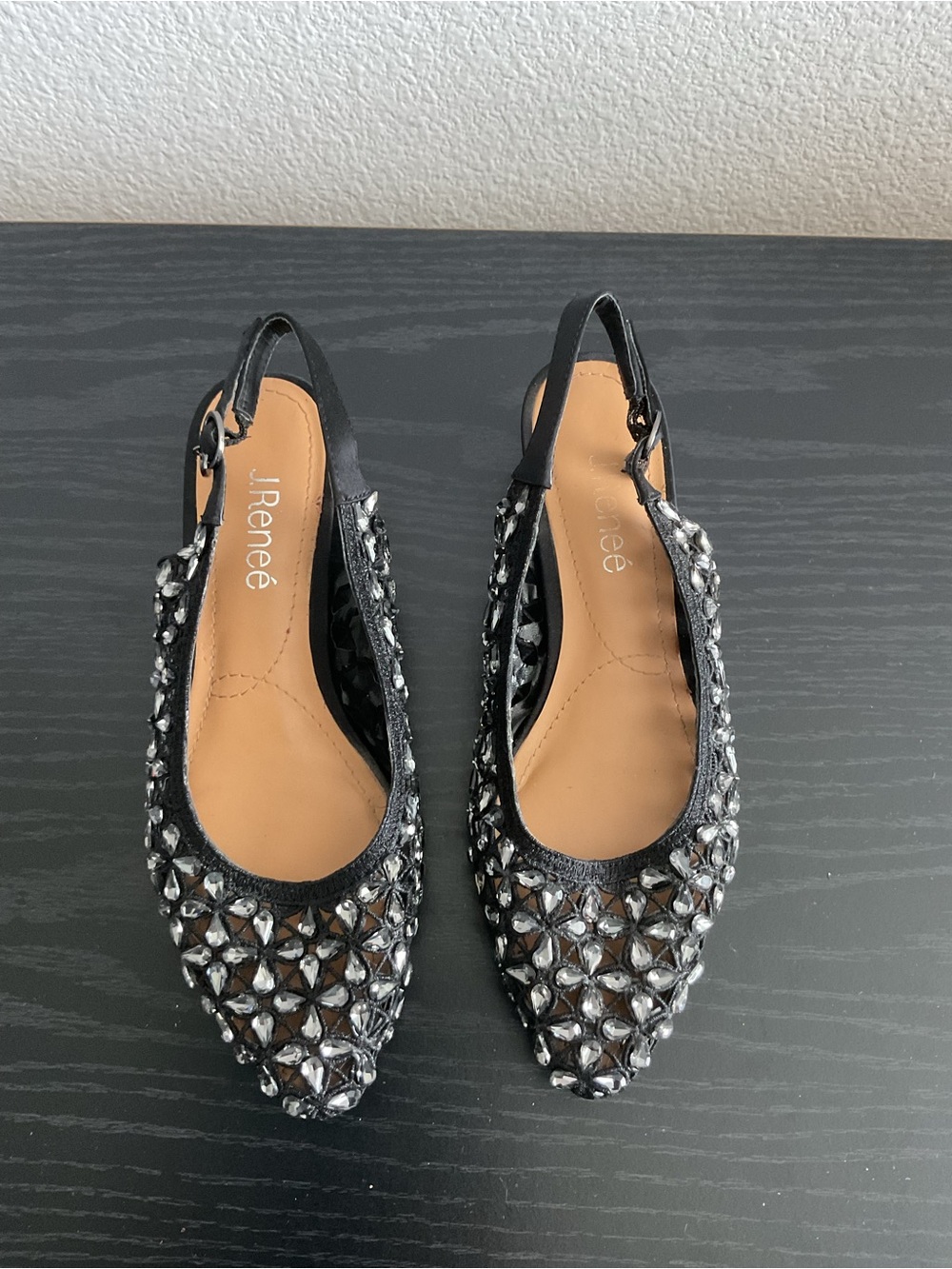 J.Renee Black Jeweled Slingback Flats
